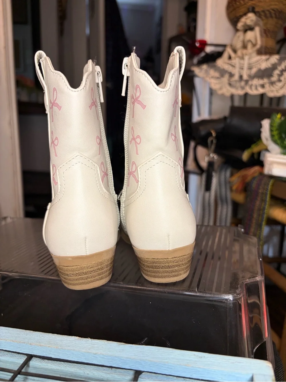 Wonder Nation Girls' White Pink Western Boots Bow Accents Block Heel Size 8